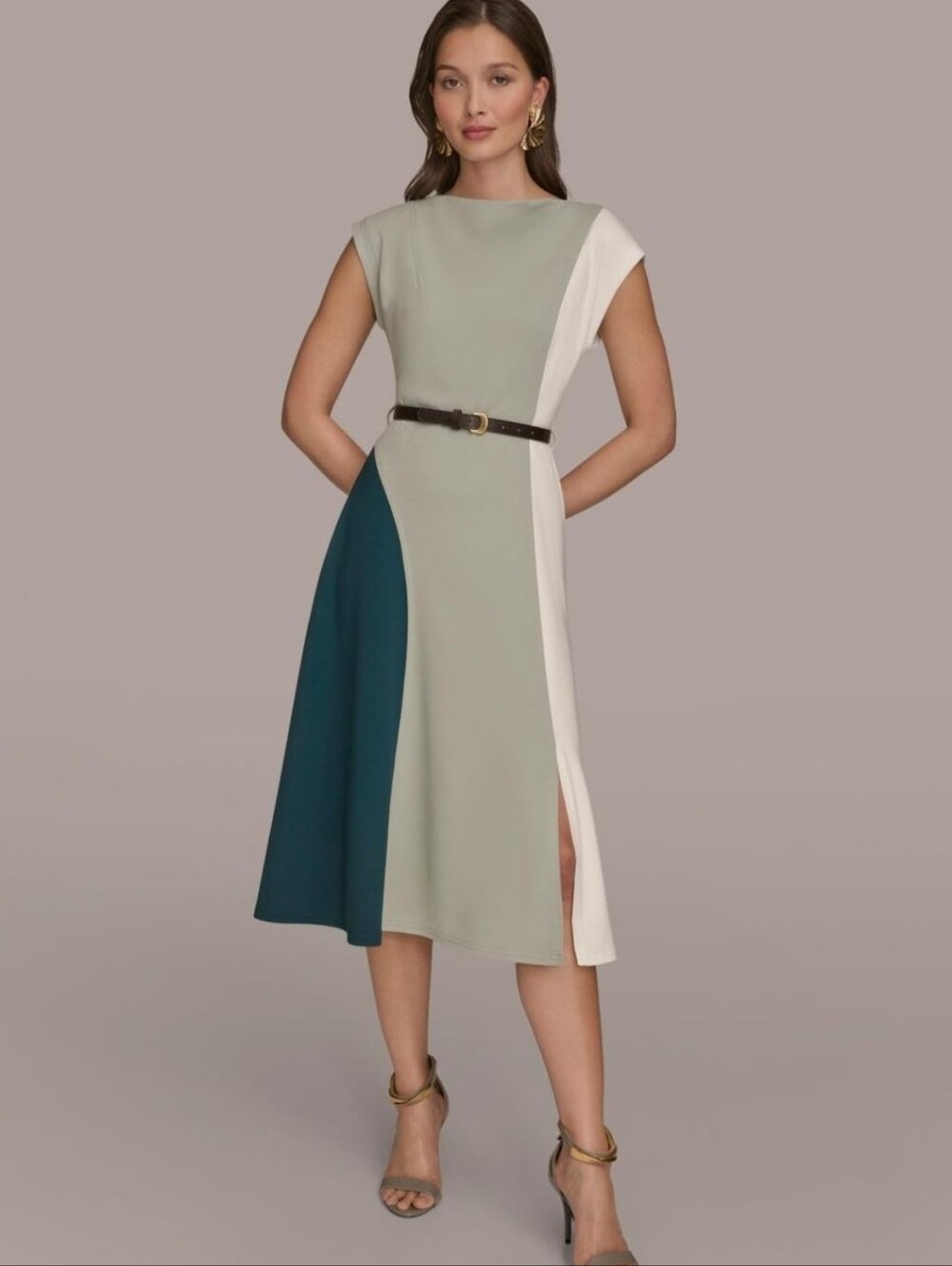 Donna Karan New York NWT Size 16 Colorblock Cowl Neck Midi Dress $189 No Belt